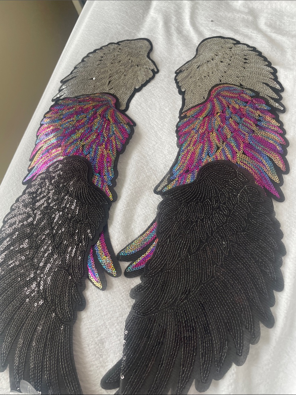 Sequin Angel Wing Appliqués in Black and Iridescent